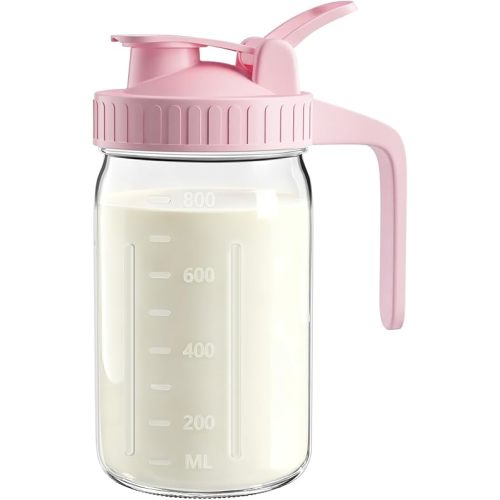 32oz Breast Milk Pitcher with Lid - Airtight Leakproof Glass Storage with Flip Cap & Pour Spout, Wide Mouth 1 Quart Breastmilk Storage Container Breastfeeding Essentials for Breastmilk, Formula, Milk