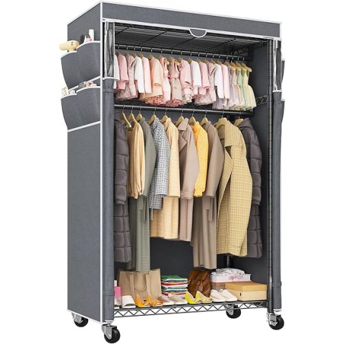 Raybee Clothes Rack with Cover and Wheels,Heavy Duty Clothing Racks for Hanging Clothes Adjustable, Rolling Portable Closet, 35.5" W*15.7" D*79 "H Black