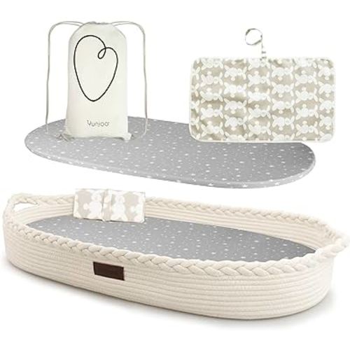 XL Reinforced Baby Changing Basket with Extra Travel Diaper pad, Foldable Baby Changing Pad with Water Repellent Cover, Cotton Rope Baby Basket, Changing Table Topper for Dresser (White)