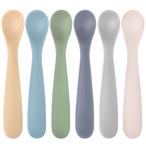 Eascrozn Silicone Baby Spoons Self Feeding 6+ Months, 6 Pack First Stage Baby Led Weaning Supplies, Soft Tip Feeding Spoon, BPA Free, Dishwasher and Boil Safe