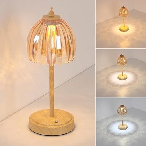 Shenmoyl Tulip Table Lamp with 5200mAh Battery & Touch Control, Small Cordless Table Lamp with 3 Colors, Rechargeable Battery Operated Table Lamps for Bedroom, Desk, Bedside (Amber-Beech Color)