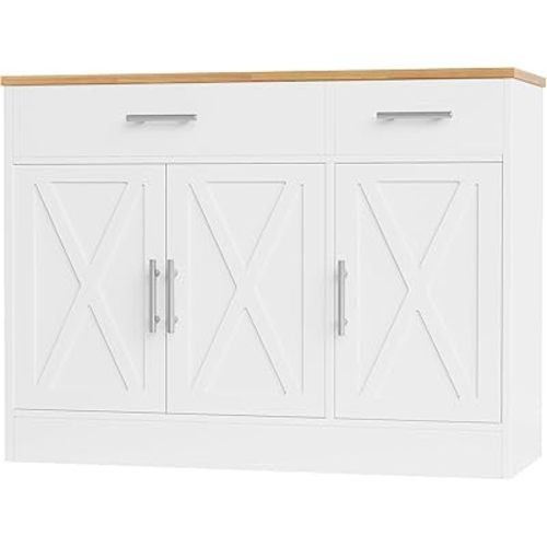 Shintenchi Modern Farmhouse Sideboard Buffet Cabinet with Storage with 3 Doors,42" Barn Doors Buffet Cabinet with Storage, Wood Coffee Bar Cabinet with Adjustable Shelf for Kitchen Living Room,White