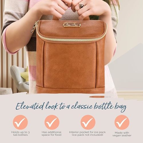 Itzy Ritzy Insulated Bottle Bag – Keeps Bottles Warm or Cool - Holds 3 Bottles & Features Interior Pocket for Ice Pack (Not Included), Cognac