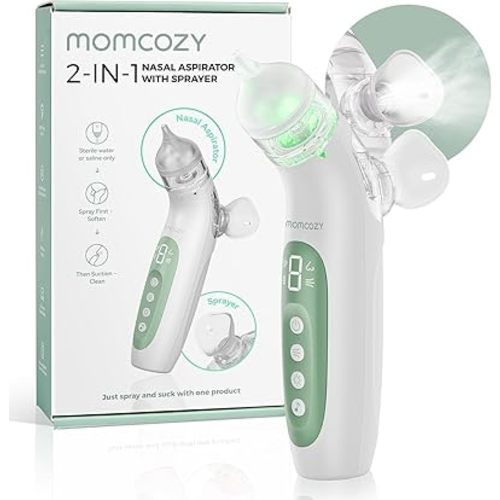 Momcozy BreezyClear™ 2-in-1 Electric Nasal Aspirator for Baby with Spray, 65kPa Hospital-Grade Suction, 4 Adjustable Levels, Quiet & Portable Nose Cleaner with Soothing Light & Music