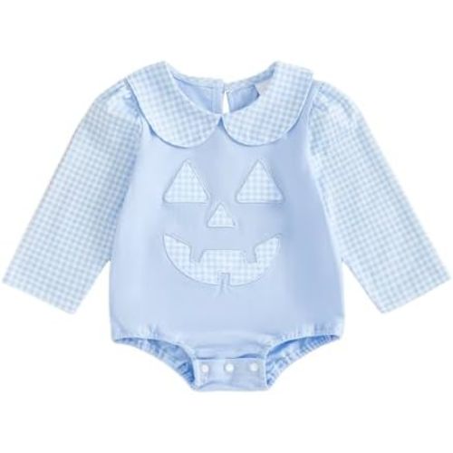 Infant Baby Boy Girl Halloween Outfit Puff Sleeve Peter Pan Collar Pumpkin Print Bubble Romper Fall Bodysuit