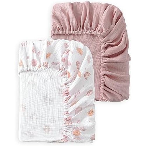 Baby Crib Sheets 2 PCS, 100% Organic Cotton Crib Sheet for Standard Crib Mattress(52”x 28”), Fitted and Soft Breathable Muslin Crib Mattress Sheet for Girl and Boy (Rainbow, Pink)