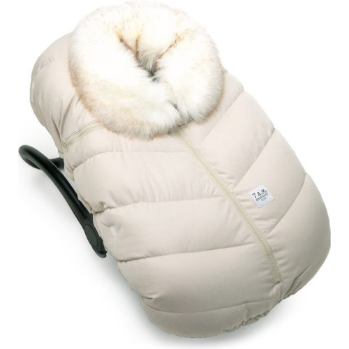 7 A.M. Enfant Water Repellent Faux Fur Trim Car Seat Cocoon, Beige Heather White Fur