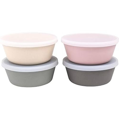 WeeSprout Bamboo Kids Bowls with Lids, Set of Four 10 oz kid-Sized Bamboo Bowls, Bamboo Kid Bowls with Lids for Leftovers, Dishwasher Safe (Pink, Green, Gray, & Beige)