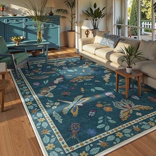 Lahome Insect Print Washable Rugs for Living Room, Soft Area Rug 6x9 Rug for Bedroom Ultra-Thin Non Slip Dining Room Rug, Stain Resistant Modern Rug Large Carpet for Office Nursery(6'x9',Dark Green)