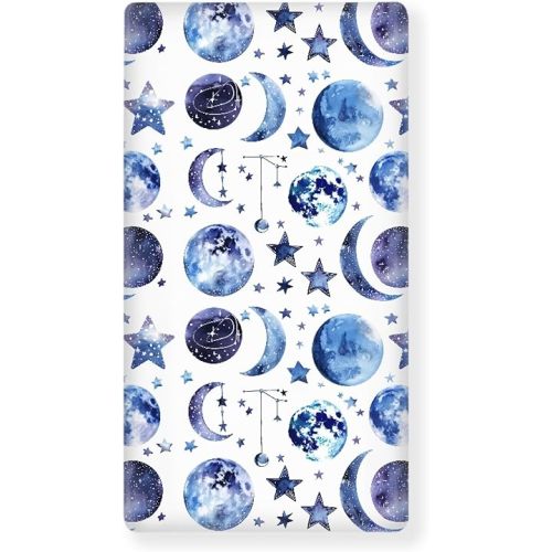 Moon Fitted Crib Sheet for Boys Girls Watercolor Celestial Moons Stars Planets and Constellations Baby Sheet for Standard Crib and Toddler Nursery Bed Mattress Sheets 28"x52"