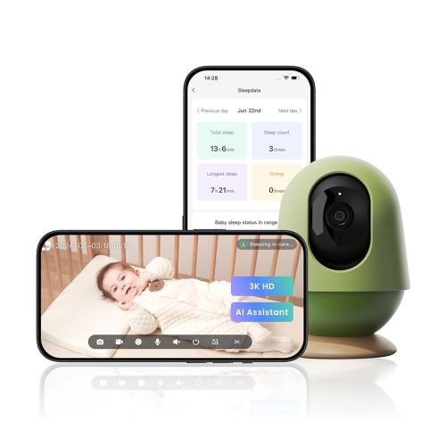 Smart Baby Camera Monitor 3K HD with No Subscription, Night Vision, 360° AI Detection, Two-Way Audio Monitor Includes Local Storage Card, Wireless WiFi Baby Monitor with Power-supportable Stand