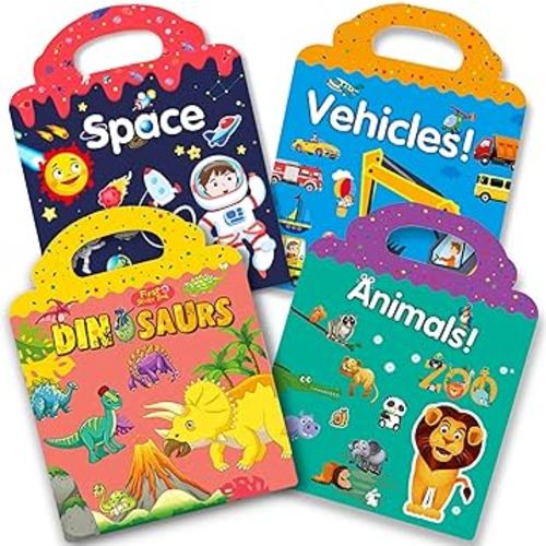 Reusable Quiet Sticker Books for Kids & Toddlers, 4 Sets Travel Stickers Story Busy Books for Toddler 2-4 Years Birthday Gifts - Vehicle, Space, Dinosaur & Animals