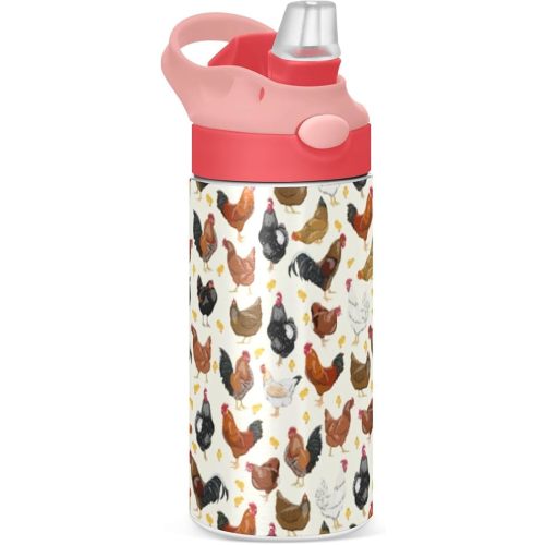 ALAZA Hens Roosters and Chickens Kids Water Bottles with Lids Straw Insulated Stainless Steel Water Bottles Double Walled Leakproof Tumbler Travel Cup for Girls Boys Toddlers 12 oz / 350 ml,Pink