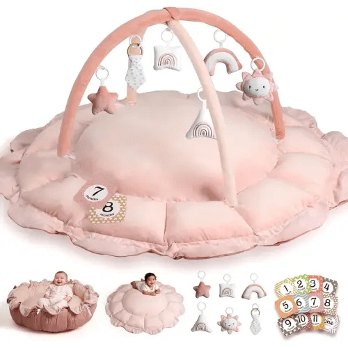 HAN-MM 5-in-1 Convertible Baby Play Gym with 6 Toys, Tummy Time Mat for Sensory Development, Baby Activity Center from Newborn to Toddler, Ball Pit, Cat & Dog Bed, Soft Plush Pet Bed, Pink