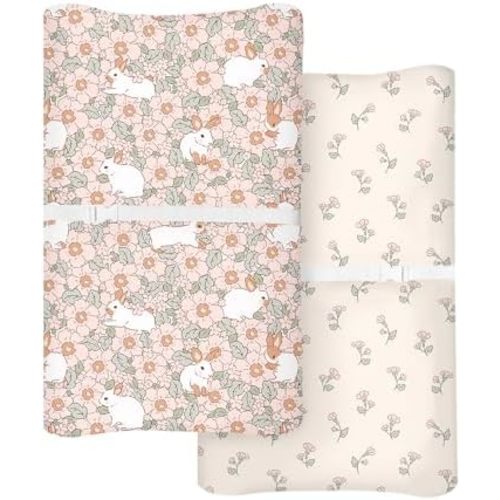 Changing Pad Cover for Baby Boys Girls 2 Pack, Fits Standard 32”×16” Changing Table Pads, Silky Breathable Stretch Knit, Machine Washable (Bunny Garden)
