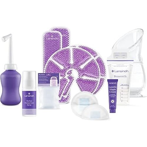 Lansinoh Breastfeeding Essentials and Postpartum Recovery Bundle, Includes Nipple Cream, Nursing Pads, Silicone Breast Pump, Breastmilk Storage Bags, Peri Bottle, Hot & Cold Postpartum Packs, and More