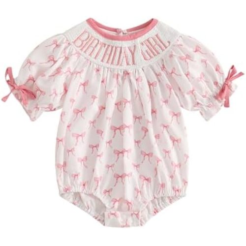 Lamuusaa Toddler Baby Girl Birthday Outfit Smocked Birthday Girl Embroidery Romper Bow Print Bodysuit Summer Outfit