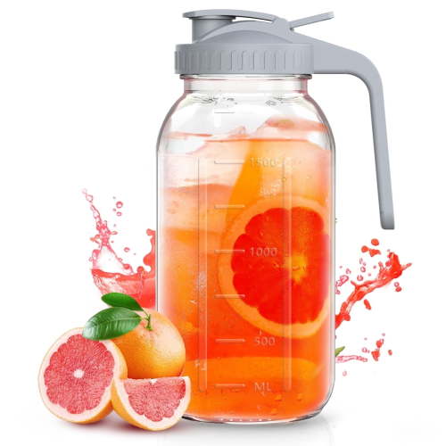 Glass Pitcher with Lid - 64 oz (2 Quart) Mason Jar Pitcher with Top Flip Cap & Pour Spout, Wide Mouth Jar Leak-proof Water Jug for Water, Juice, Milk, Tea, Iced Coffee, and Drinks, 1 Pack, Gray