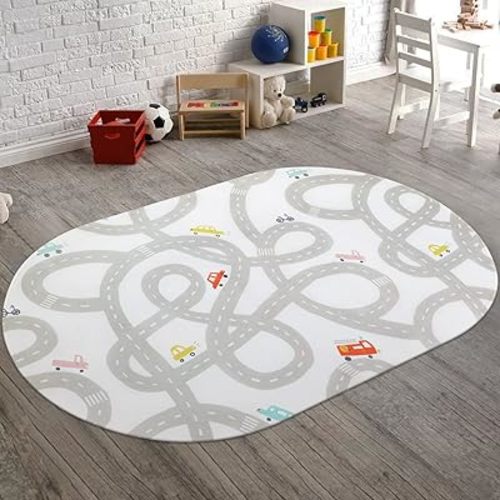 STARUIA Road Traffic Kids Rug Children Playing with Cars Playmat 3x5 Ft, Washable Play Carpet for Kids Playroom, Non-Slip Have Fun Safe Baby Nursery Rug for Toddler Boy's Bedroom Game Room Grey