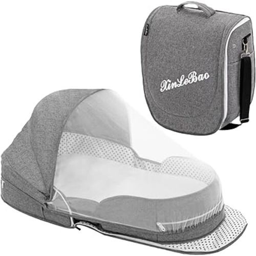 Folding Baby Travel Bassinet Portable Lightweight Travel Crib Baby Bed Co- Sleeper for Baby in Bed with Canopy and Mosquito Net (Gray, with Sunshade)