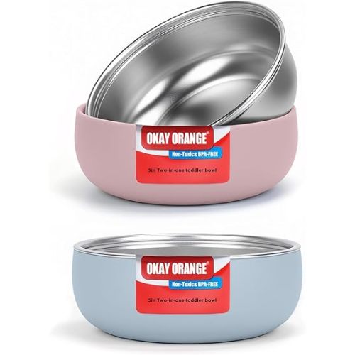Non-Toxic Toddler Bowls with Non-Slip Base | Stainless Steel Baby Bowls for Kids | 5 Inch BPA-Free Dishwasher Safe Bowls | Mess-Free Feeding Supplies | 2-Pack Set