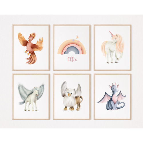 Mythical Creature Art Prints, Fantasy Animal Nursery, Personalized Baby Nursery Decor, Griffin Print, Dragon, Phoenix, Rainbow, Unicorn,