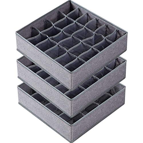 Criusia 3 Pack Sock Underwear Organizer Dividers, 64 Cell Drawer Fabric Foldable Cabinet Closet Storage Boxes for Storing Socks, Underwear, Ties (16+24+24 Cell, Gray)