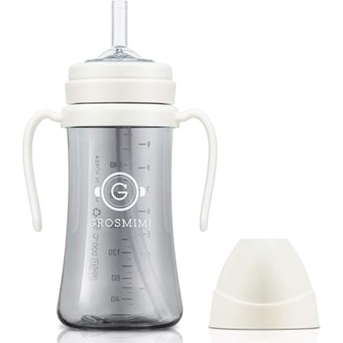 GROSMIMI Spill Proof no Spill Magic Sippy Cup with Straw with Handle for Baby and Toddlers, Customizable, PPSU, BPA Free 10 oz (White)