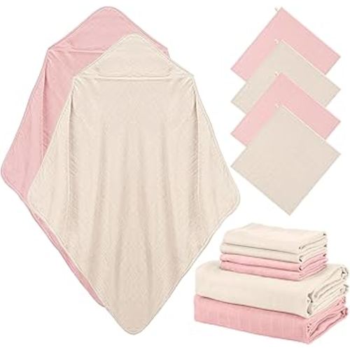 Preboun 6 Pcs Muslin Hooded Baby Towels and Washcloths 32"x 32" Cotton Newborn Bath Towel Anti-Shrink Infant Baby Blankets with Hood 11"x 11" Muslin Washcloths for Girl Boy Toddler(Ivory,Pink)