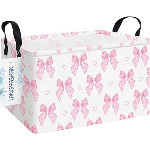 Rectangular Storage Bin Collapse Canvas Fabric Cartoon Storage Basket with Handles for Organizing Home Kitchen Boys and Girls Toys Office Closet Shelf Baskets(Rec Pink Bowknot)
