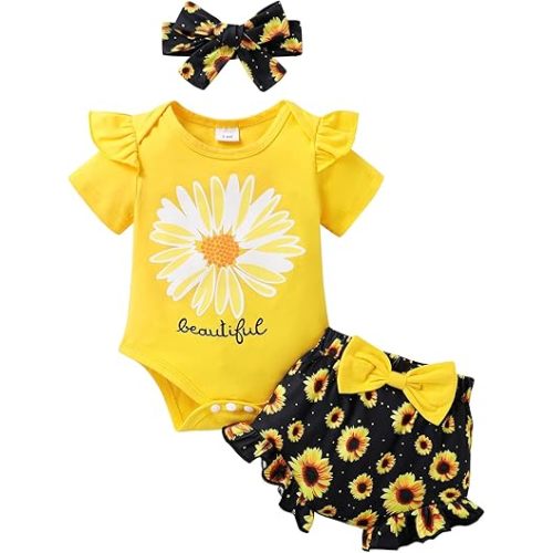 Tiny Cutey Baby Girl Clothes Infant Summer Outfits Set Ruffle Sleeve Romper and Floral Shorts with Headband