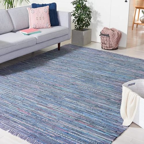 SAFAVIEH Rag Rug Collection Area Rug - 8' x 10', Purple & Multi, Handmade Boho Stripe Cotton, Ideal for High Traffic Areas in Living Room, Bedroom (RAR121D)