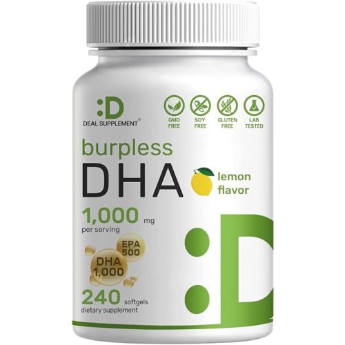 DHA Supplements | 240 Softgels, Burpless, Lemon Flavor, DHA 1000mg + EPA 500mg, Wild Caught Fish