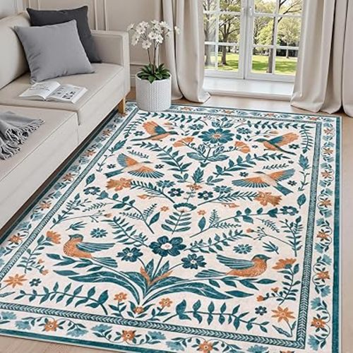 LIVEBOX Floral Area Rug 5 x 7 Washable Boho Floral Birds Carpet, Non Slip Rug for Living Room, Bedroom, Nursery Room, Soft Cute Animal Rugs for Kids Girls Baby - Beige