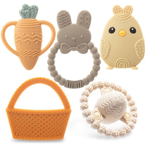 Easter Baby Teether Set, Easter Bunny, Carrot, Chicken, Rattle Egg & Easter Basket Teething Toys Perfect Easter Teethers Toys Cute Gift Set For Babies