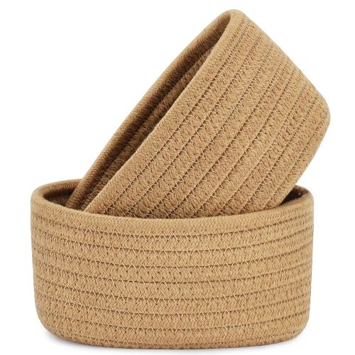 【2 Pack】ABenkle Small Woven Baskets, Tiny Oval Shallow Storage Baskets, Mini Cotton Rope Empty Decorative Basket, Boho Little Organizer Bins for Bathroom, Cat Dog Toy Gifts Baskets
