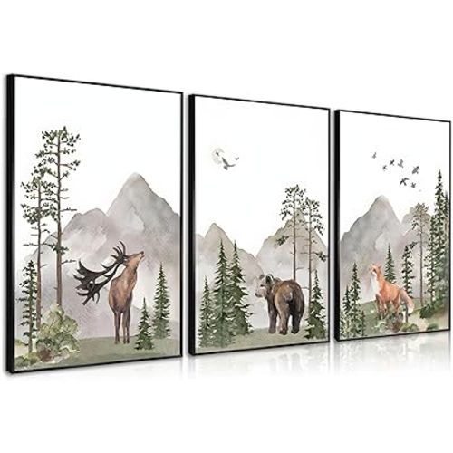 YBARTZQ Woodland Nursery Wall Art Wild Animals Forest Wall Decor Prints Adventure Theme Canvas Posters Deer Bear Fox Watercolor Pictures Paintings for Boys Room Girls Room 3Pcs 12x16in Unframed