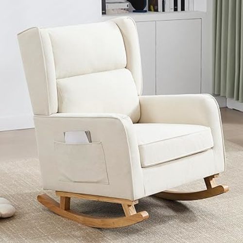 Nursery Rocking Chairs, Rocking Chair Nursery for Mom Nursery Rocker with High Backrest and Solid Wood Legs, Modern Wingback Accent Chair for Reading Living Room Bedroom, Beige