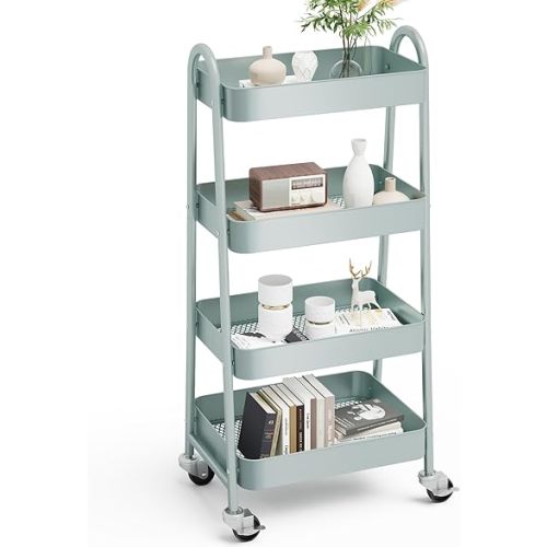 OLIXIS 4 Tier Utility Rolling Cart, Metal Mobile Storage Shelf with Lockable Caster Wheels, Organization for Livingroom, Bathroom, Kitchen, & Narrow Places, 4-Tier Green
