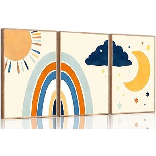 3 Pcs Boho Nursery Canvas Wall Art Minimalist Neutral Bohemian Sun Rainbow Moon Picture Kids Painting Wall Decor Poster Print Artwork for Baby Room Boy Room Girl Room Bedroom Home Decoration Unframed