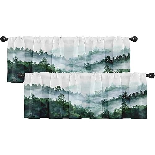 Emvency 2 Pack Valances Window Treatments, Green Misty Forest Nature Tree Mountain Blackout Drapes Adjustable Curtain for Windows Living Room Kitchen Over Sink, 18x52 Inch Rod Pocket Valances