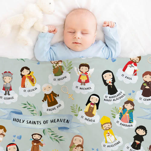 Personalized Holy Saints of Heaven Cartoon Soft Throw Blanket with Name Religion Home Decor Easter Baptism Prayer Gift for Kids Catholics - CALLIE