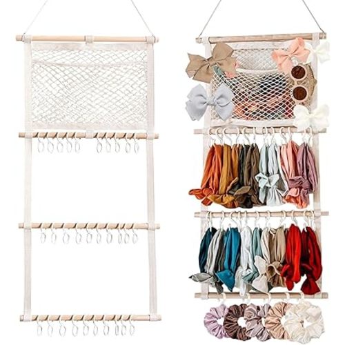 Headband Holder Hair Bows Organizer for Baby Girls Large Capacity Bow Holder Hair Accessories Wall Hanging Organizer for Toddler Baby Girl Nursery Room Decor (Beige)