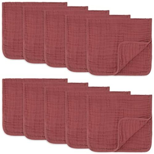 Comfy Cubs Muslin Burp Cloths Large 100% Cotton Hand Washcloths for Babies, Baby Essentials 6 Layers Extra Absorbent and Soft Boys & Girls Baby Rags for Newborn Registry (Wine 10-Pack, 20" X10") - 10-Pack 20"X10"