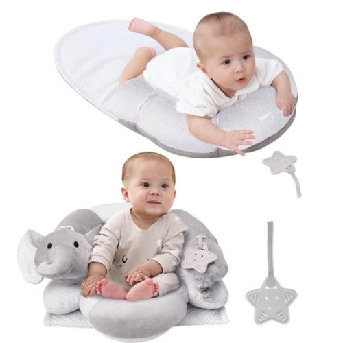 Lovvie & Joy 2-in-1 Tummy Time Mat & Seated Support Pillow,Baby Tummy Time Pillow Support for Newborns and Older Babies,with Detachable Support Pillow and Toys Elephant