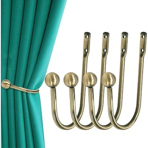 Curtain Holdback, 4 Pcs Wall Mounted Drapery Tiebacks with Screws, Heavy Duty Metal Decorative Window Drapery Holder Curtain Hook, Brass