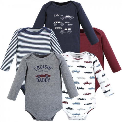Hudson Baby Infant Boy Cotton Long-Sleeve Bodysuits, Cars 5-Pack, 6-9 Months