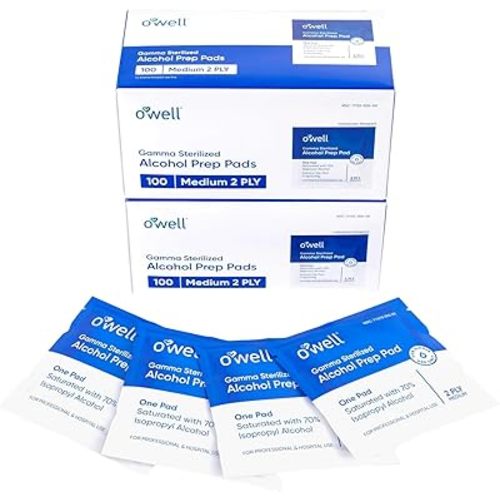 OWELL Alcohol Wipes Individually Wrapped, 100 Count – Medium 2-Ply Antiseptic Prep Pads, Sterile Medical Pads for Cleaning Skin, First Aid Kit Swabs (2 Pack)