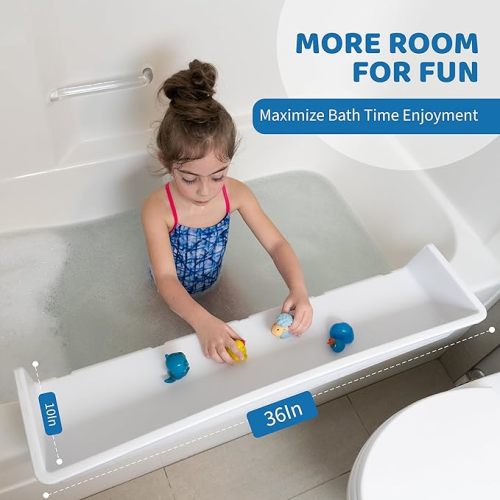 Tub Topper® Bathtub Splash Guard Play Shelf Area - Toy Tray Caddy Holder Storage - Suction Cups Attach to Bath Tub - No Mess Water Spill in Bathroom - Fun for Toddlers Kids Baby (White)