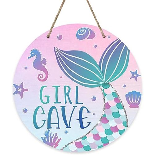 Girl Gave Ocean Mermaid Front Door Sign, Pink Coastal Wood Door Hanger Outdoor Outside Porch Nursery Decor, Beach Kids Baby Girl Room Wooden Wreath Indoor Wall Hanging Decoration
